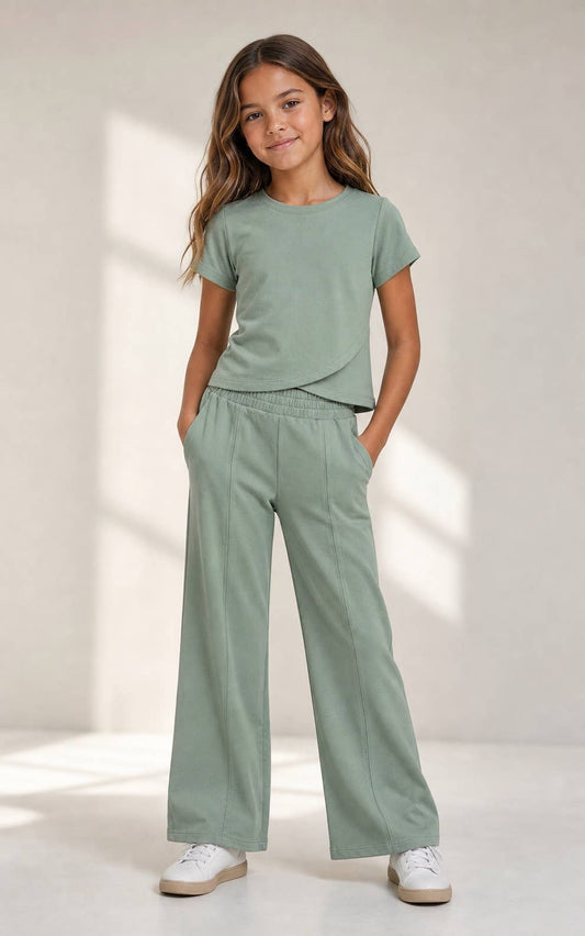 Tween Girls Jersey Crew Neck Short Sleeve and Wide Pants Set