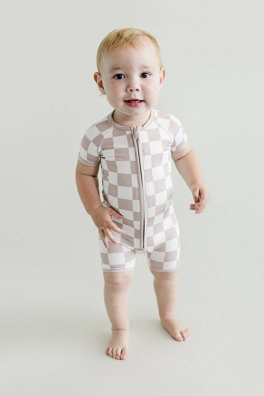 Baby Bamboo Shorty Romper | Latte Checkered