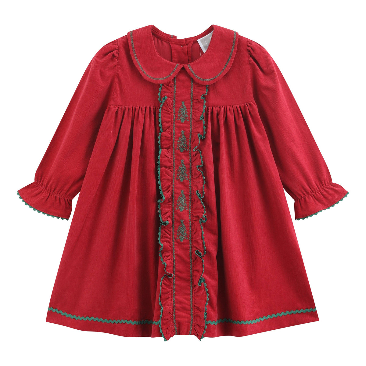 Red Corduroy Ruffle Dress with Christmas Trees