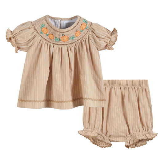 Brown Pumpkin Smocked Dress and Bloomer Set