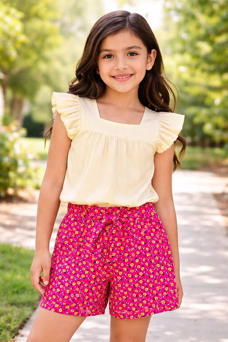 GKSS-3303B-Q201 Girl's 2 pc Floral Short Set w/ Ribbed Top