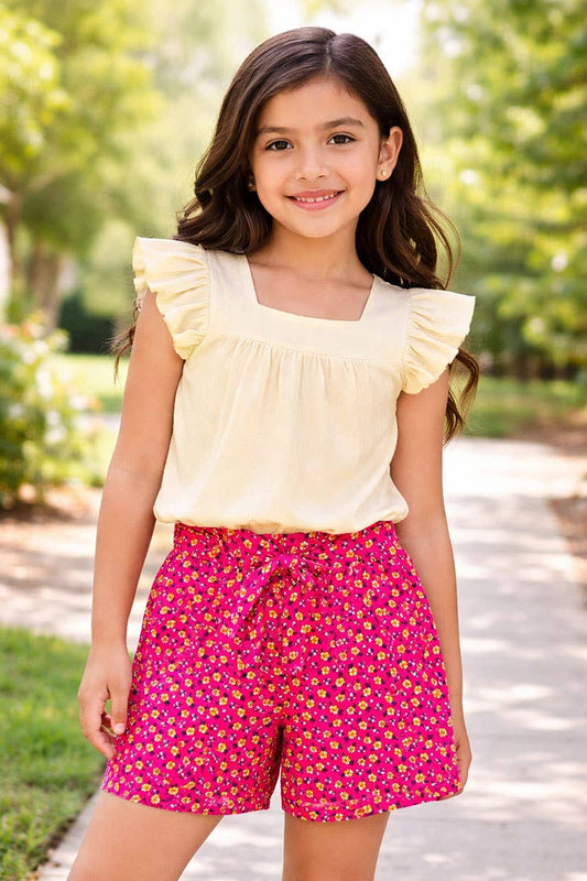 GKSS-3303B-Q201 Girl's 2 pc Floral Short Set w/ Ribbed Top