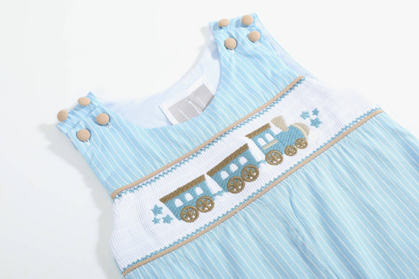 Gingham Train Smocked Overalls
