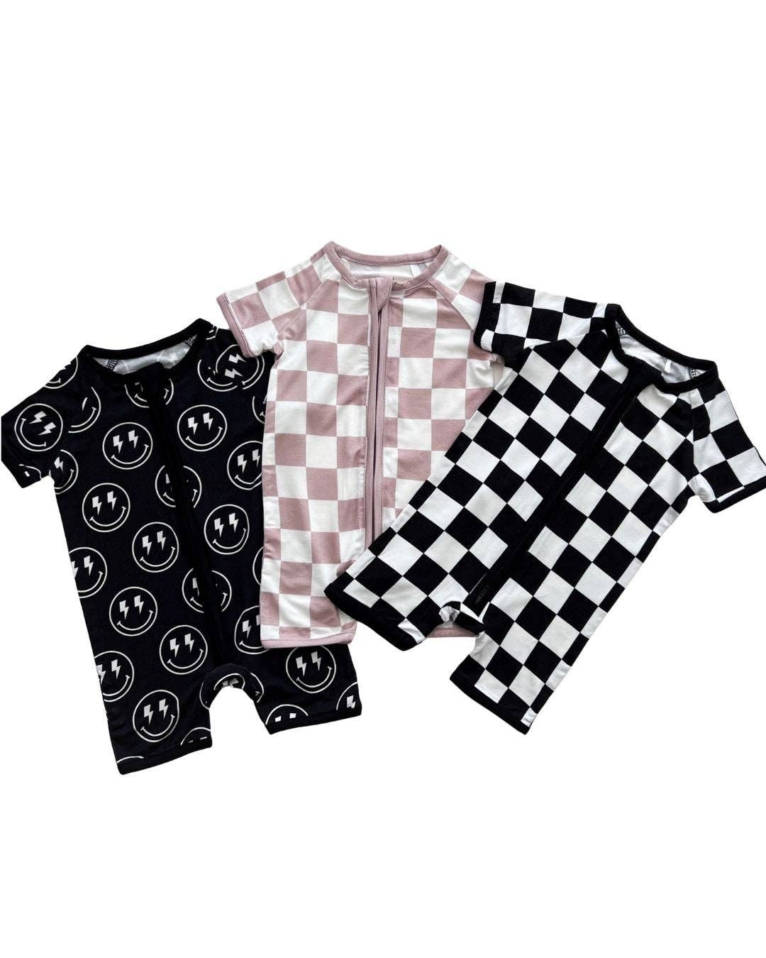 Baby Bamboo Shorty Romper | Latte Checkered