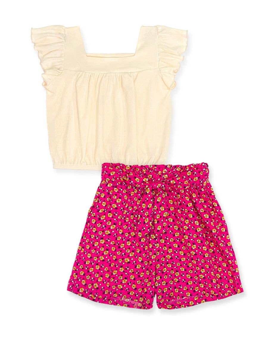 GKSS-3303B-Q201 Girl's 2 pc Floral Short Set w/ Ribbed Top