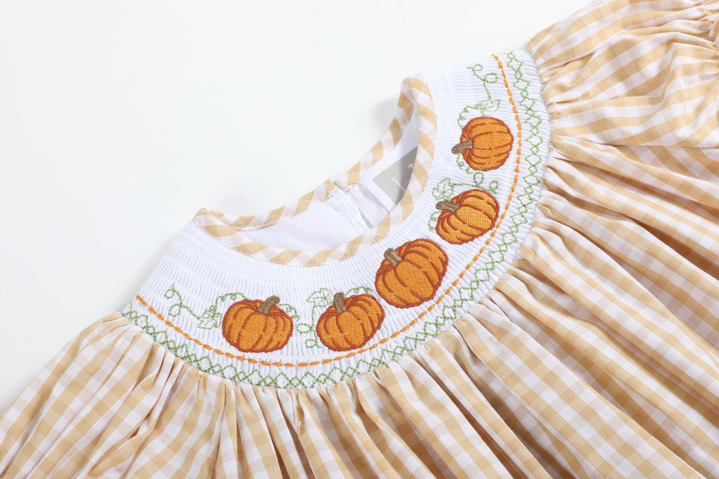 Brown Gingham Pumpkin Vine Smocked Bishop Dress