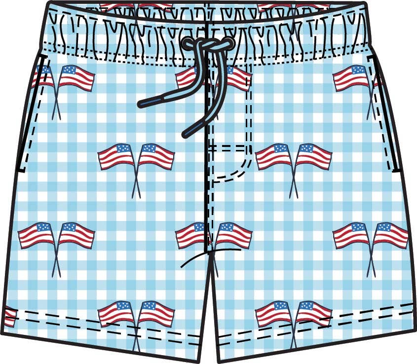 Blue Patriotic Gingham Performance Hybrid Swim Trunks