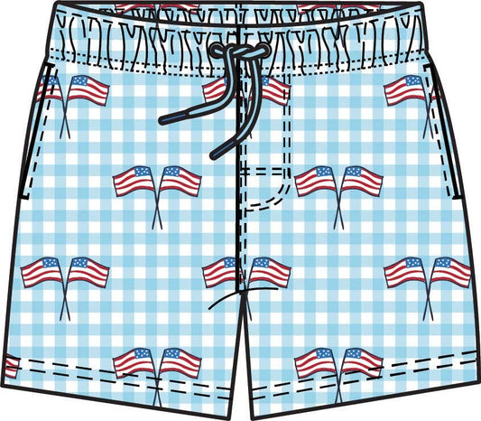 Blue Patriotic Gingham Performance Hybrid Swim Trunks