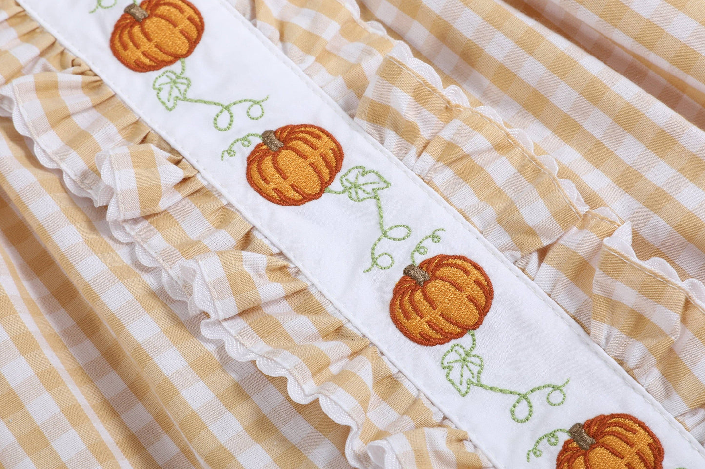 Brown Gingham Pumpkin Vine Ruffle Dress