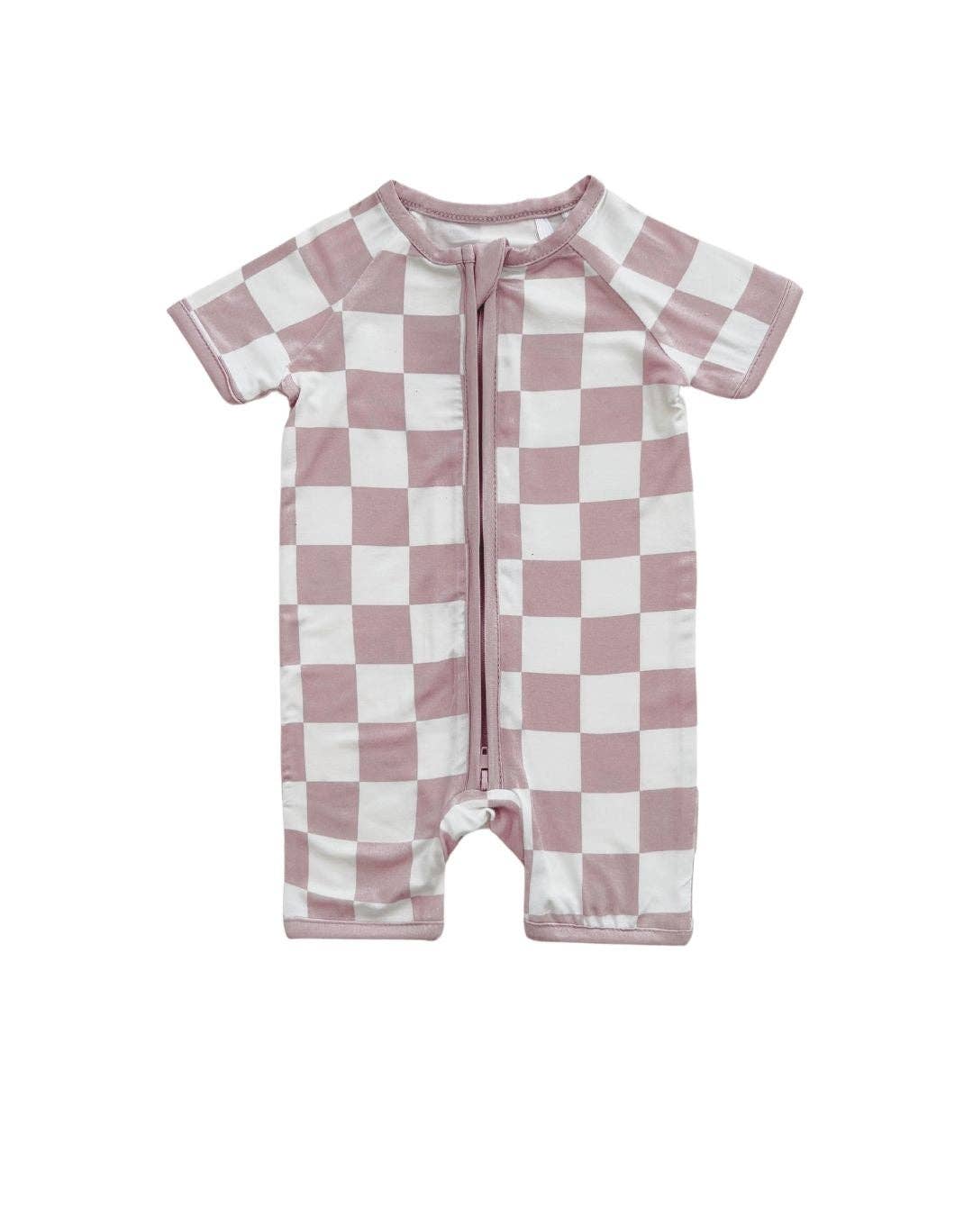 Baby Bamboo Shorty Romper | Latte Checkered