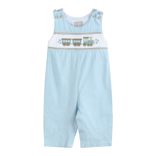 Gingham Train Smocked Overalls
