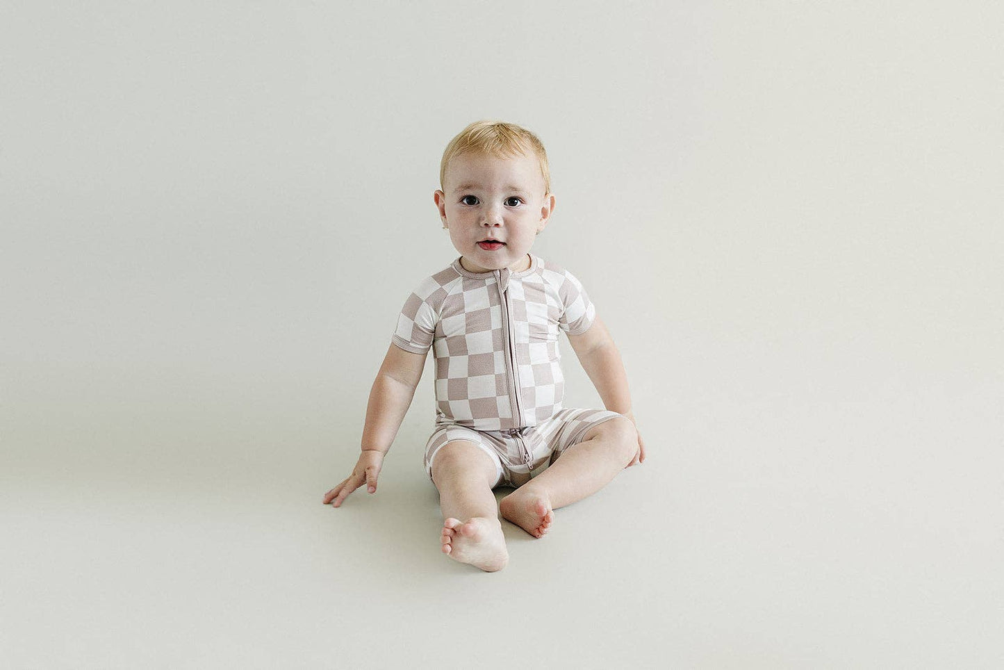 Baby Bamboo Shorty Romper | Latte Checkered