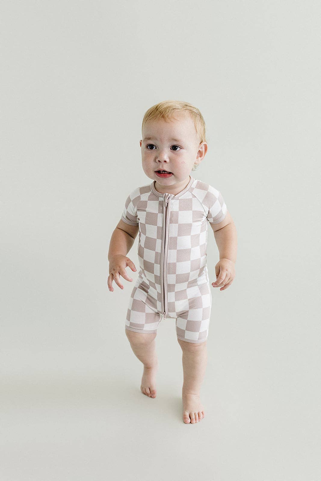 Baby Bamboo Shorty Romper | Latte Checkered