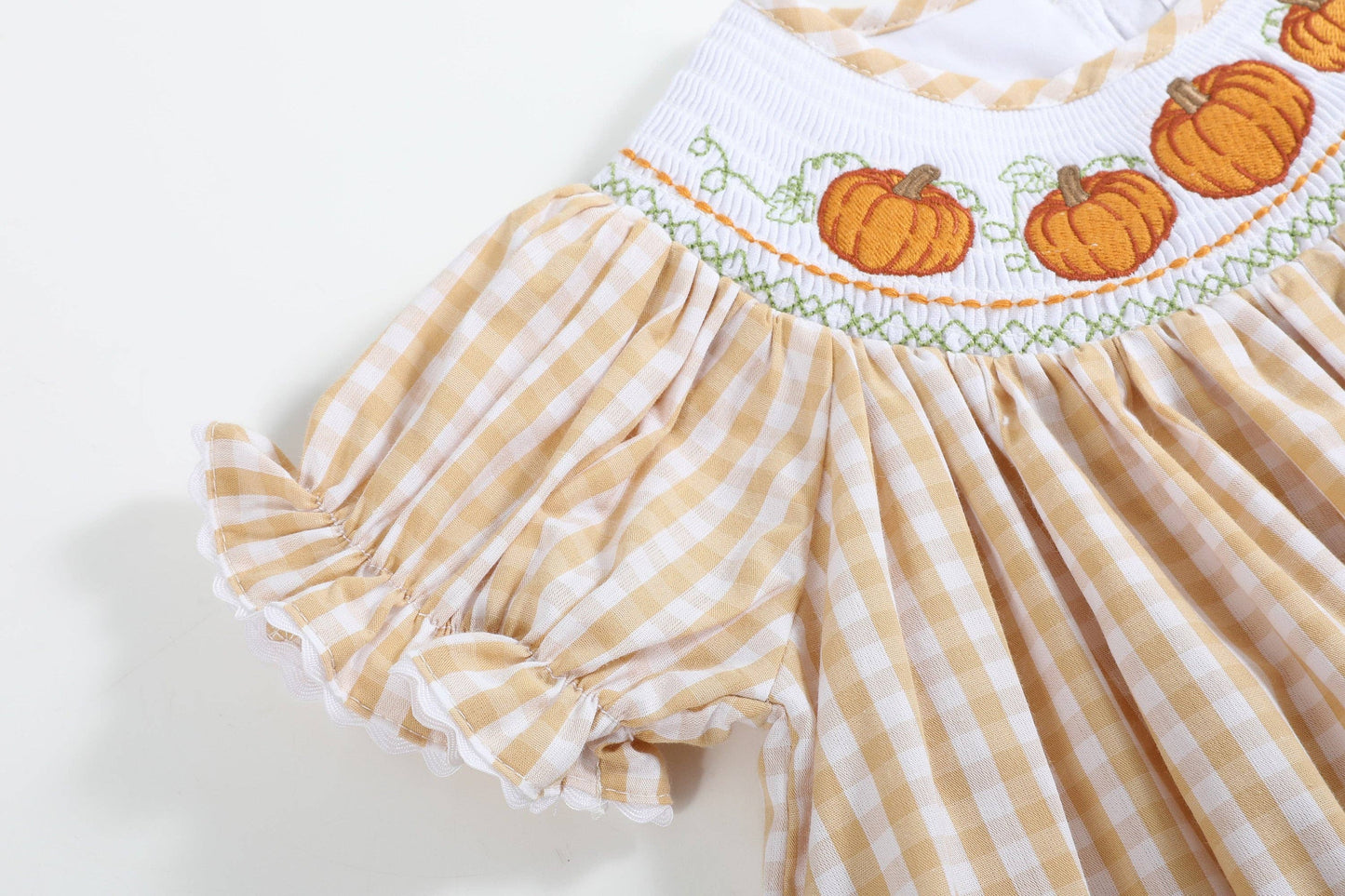 Brown Gingham Pumpkin Vine Smocked Bishop Dress