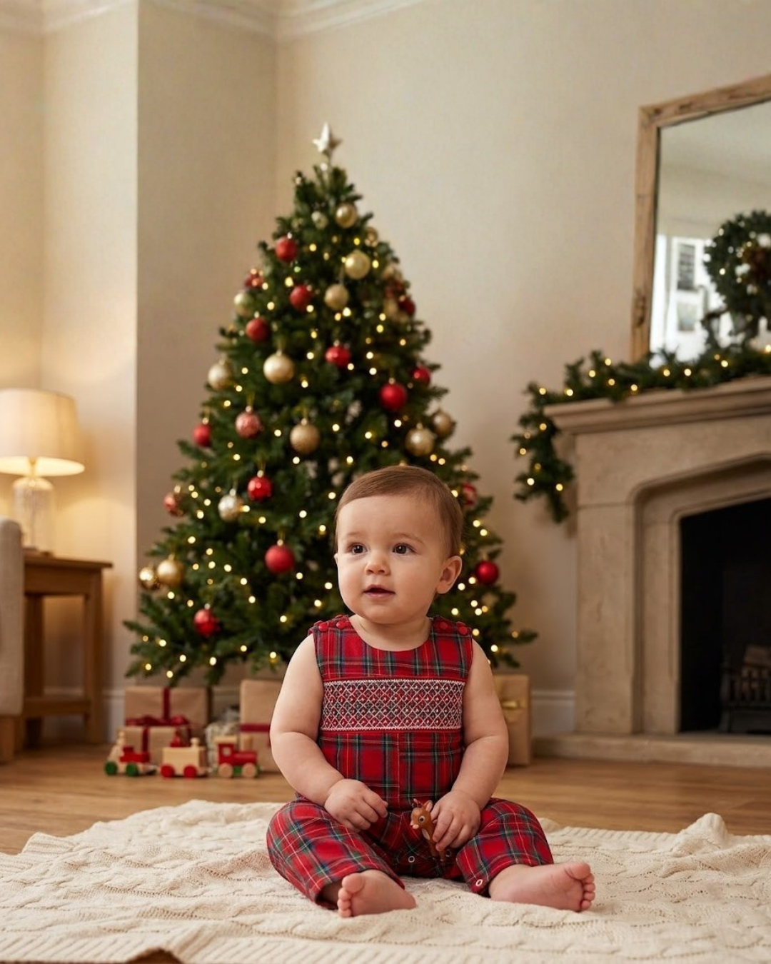 Red and Green Christmas Plaid Smocked Overalls