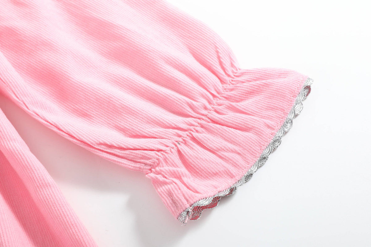 Pink Corduroy Ruffle Dress with Silver Bows