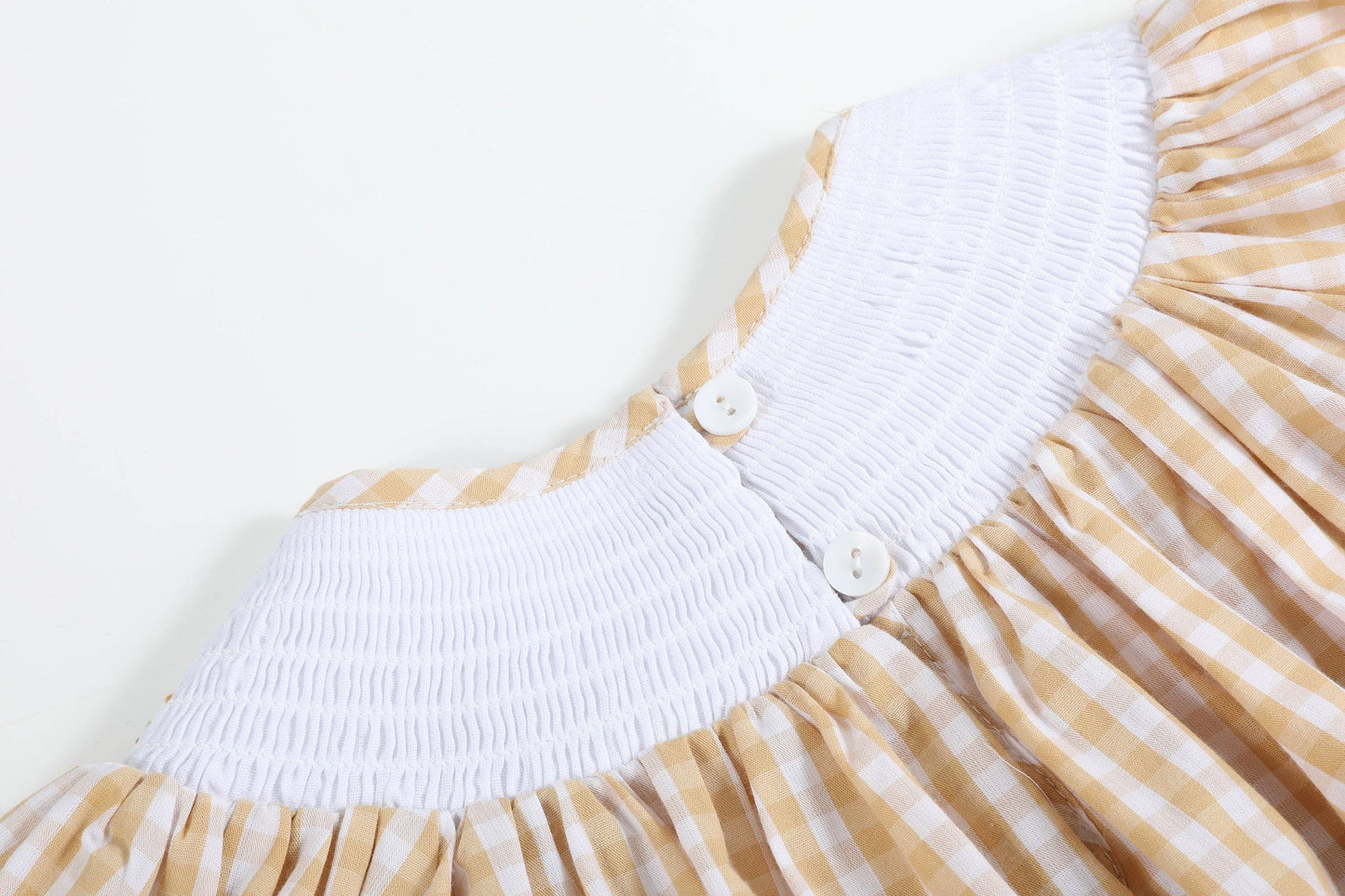 Brown Gingham Pumpkin Vine Smocked Bishop Dress