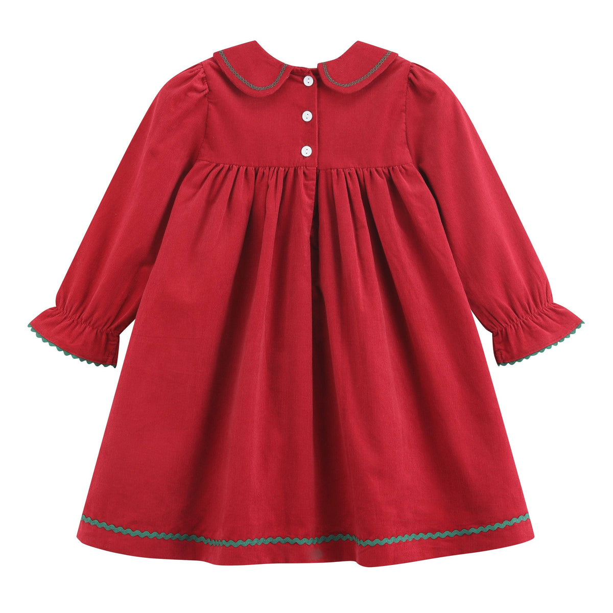 Red Corduroy Ruffle Dress with Christmas Trees