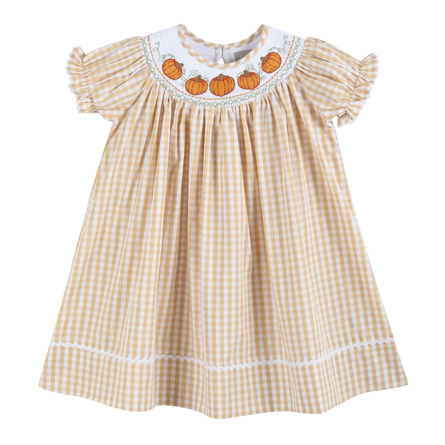 Brown Gingham Pumpkin Vine Smocked Bishop Dress