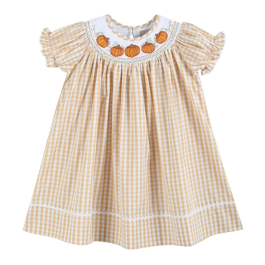 Brown Gingham Pumpkin Vine Smocked Bishop Dress