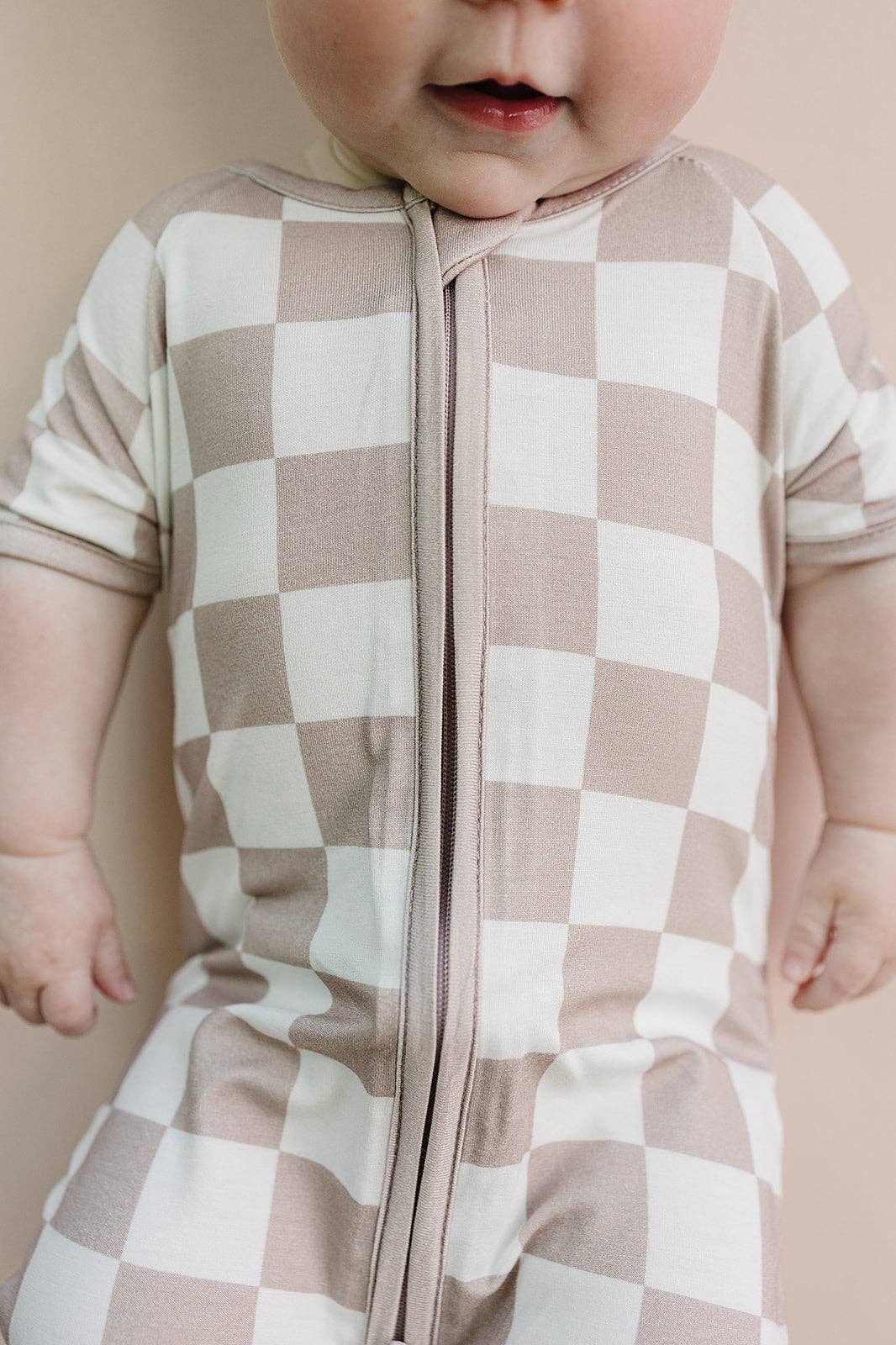 Baby Bamboo Shorty Romper | Latte Checkered