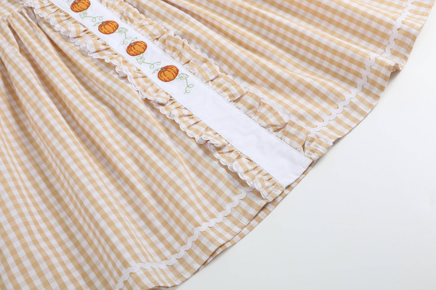 Brown Gingham Pumpkin Vine Ruffle Dress